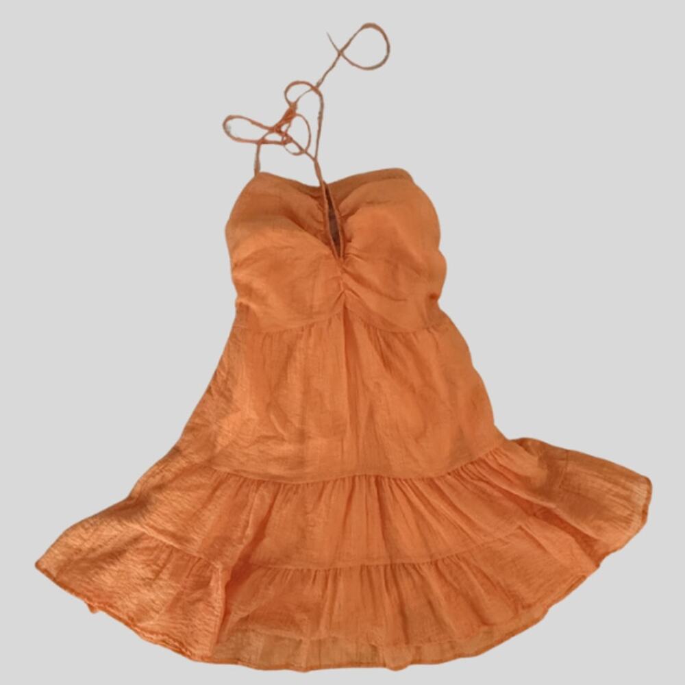 Orange Tiered Ruched Halter Mini Dress Tie Neck Cottagecore Summer Size S